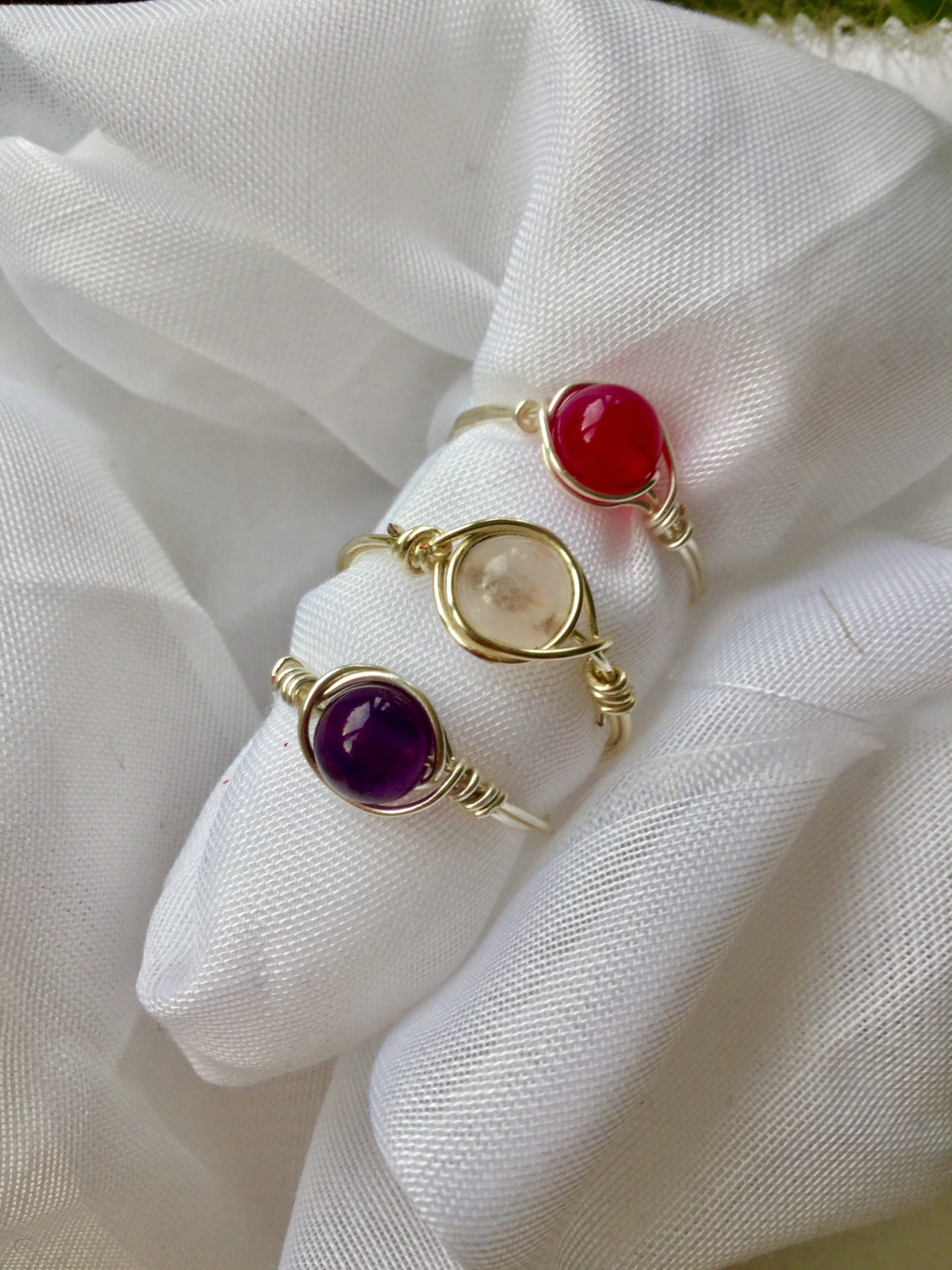 Wire-Wrap Genuine Gemstone Rings -- Amethyst, Rose Quartz, Agate, Tourmaline