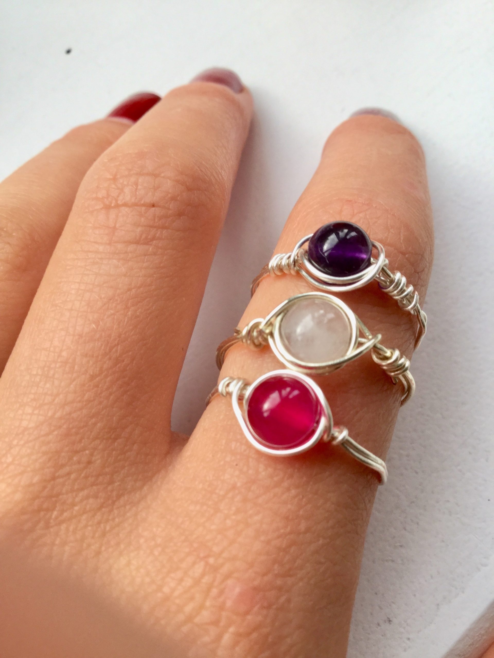 Wire-Wrap Genuine Gemstone Rings -- Amethyst, Rose Quartz, Agate, Tourmaline - Image 2